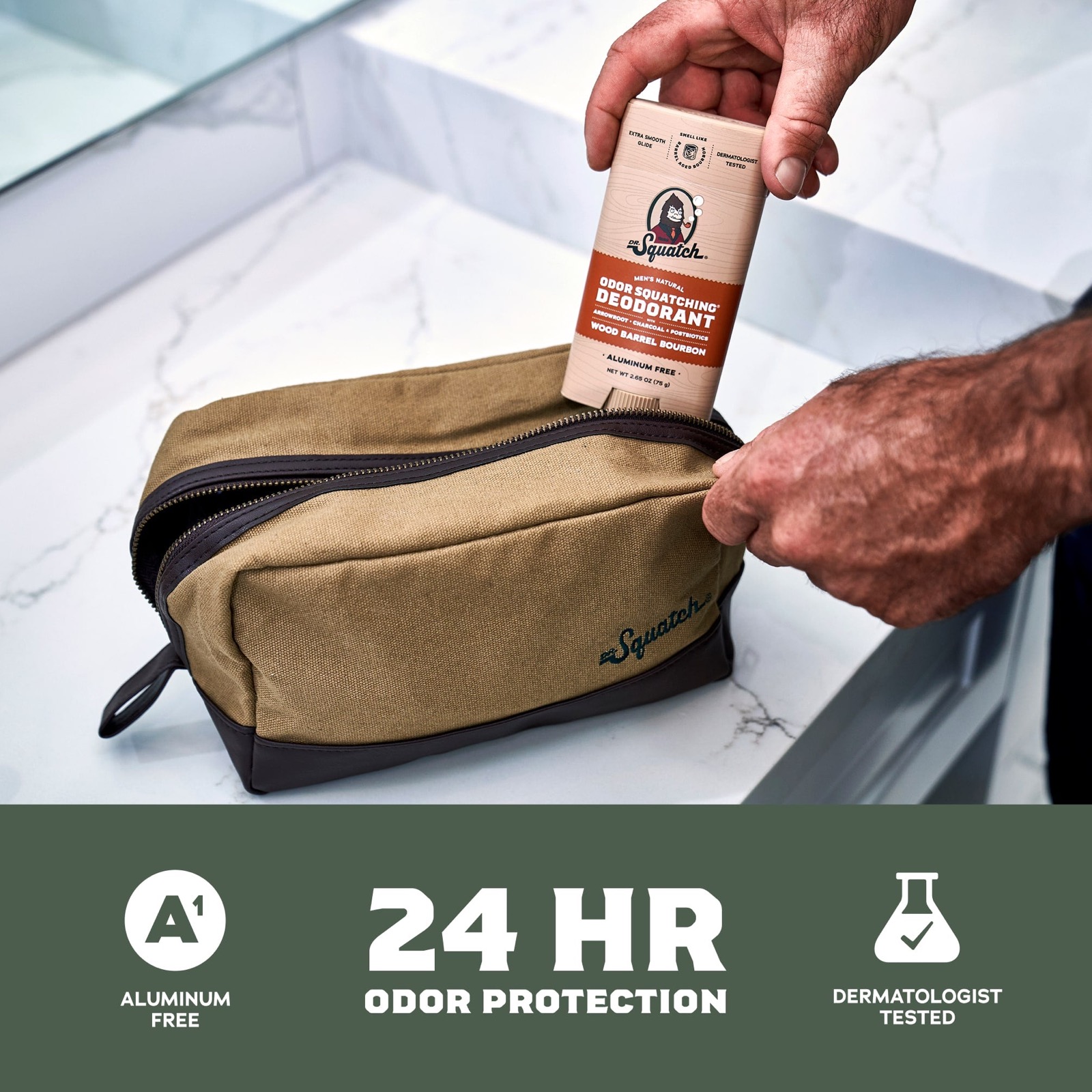 Odor Squatching deodorant going into a dopp kit