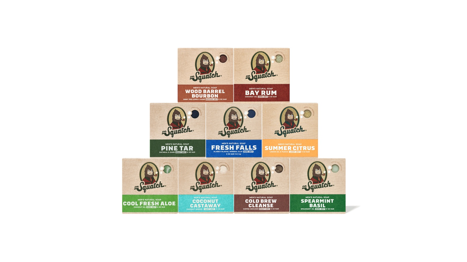 Nine Dr. Squatch bar soaps stacked